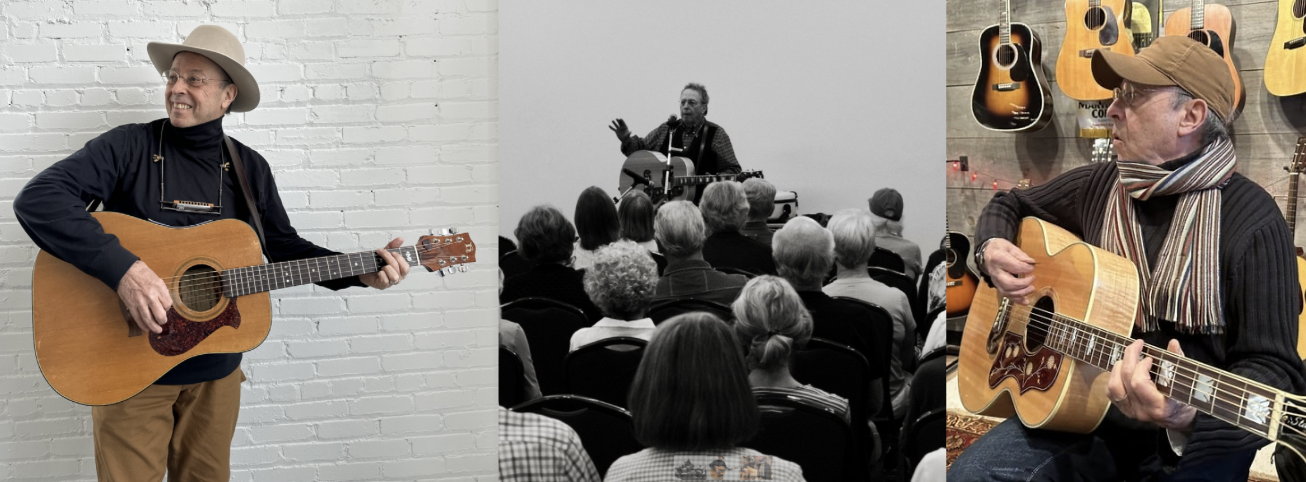 Several images of COMPAS TA Charlie Maguire are in this photo collage. The first shows him holding his guitar. The second is black and white and shows him playing his guitar before an audience. The third again shows him playing his guitar. He is sitting in front of a wood-paneled wall, and several guitars are hanging on the wall.